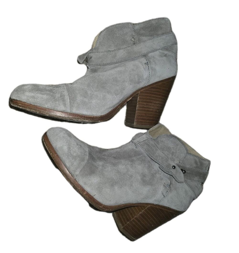 Rag & Bone Harlow Light Gray Suede Leather Booties 38 Block Heel Strappy Zip Up